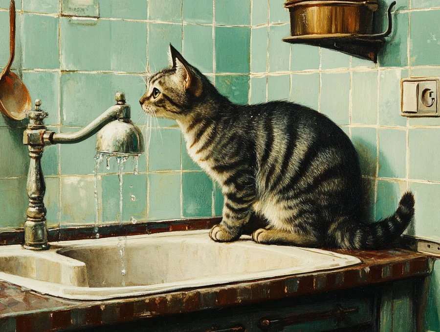 chat qui boit de l'eau au robinet dans la cuisine