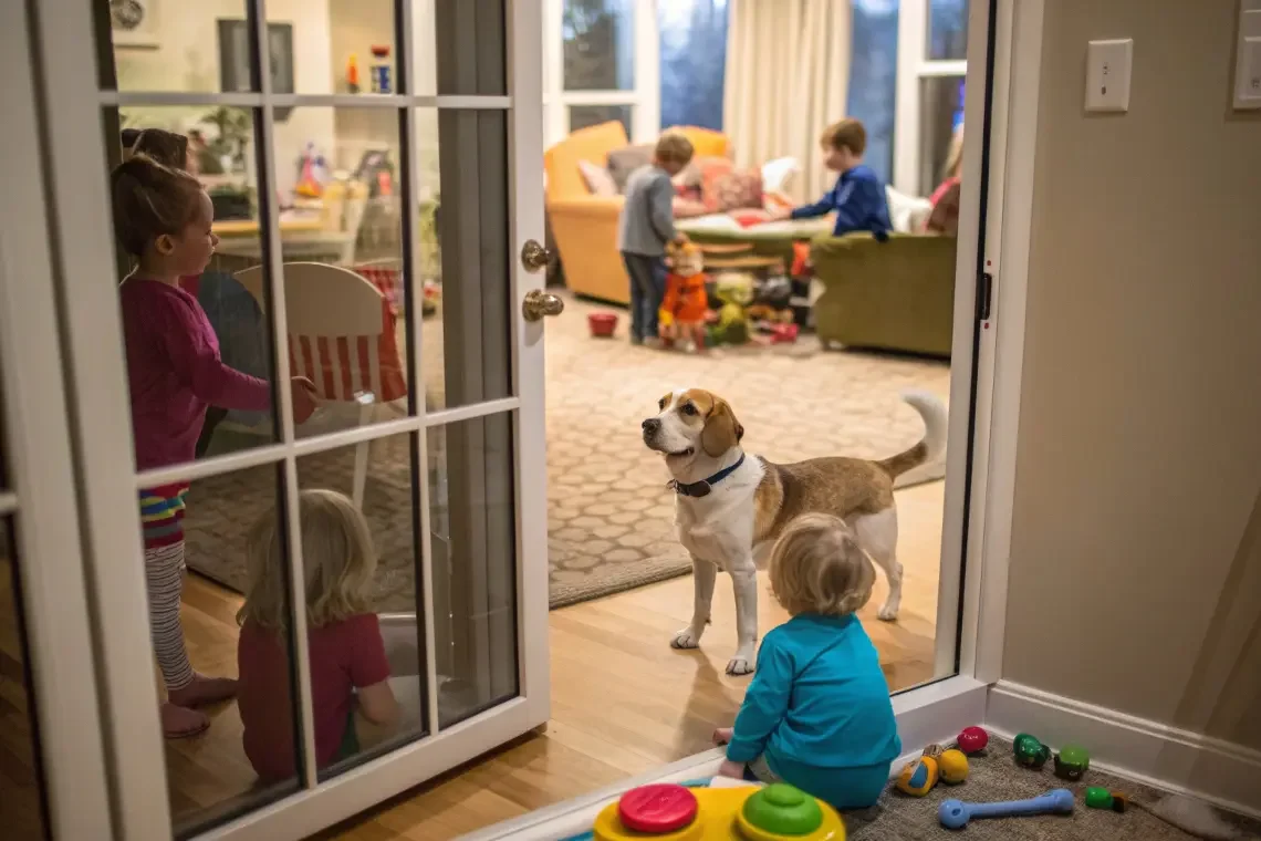 chien qui s'amuse avec des enfants