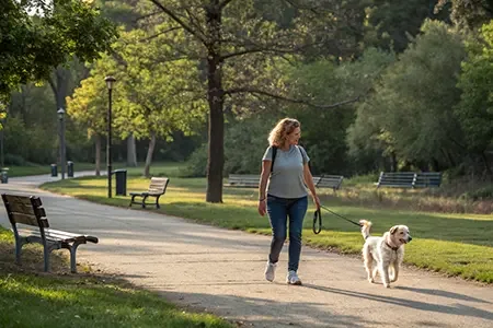 Une femme se promenant avec son chien